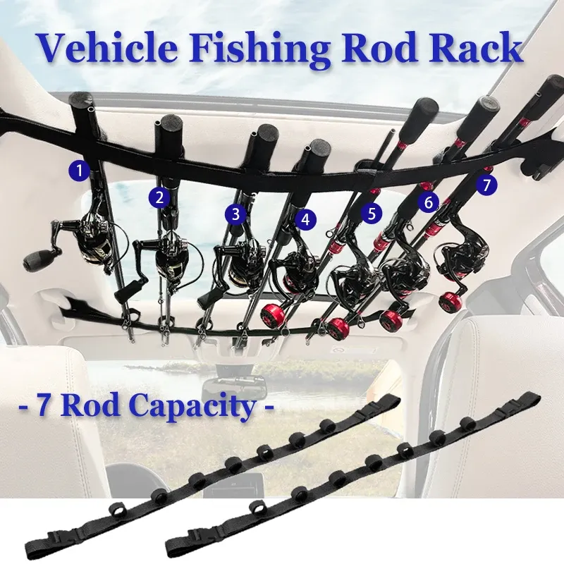 Car fishing rod holder strap carrying rods across a back seat