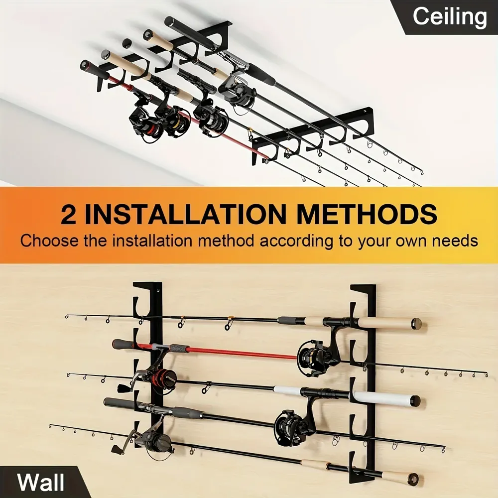 Fishing rod rack mounted on a garage ceiling with rods stored overhead