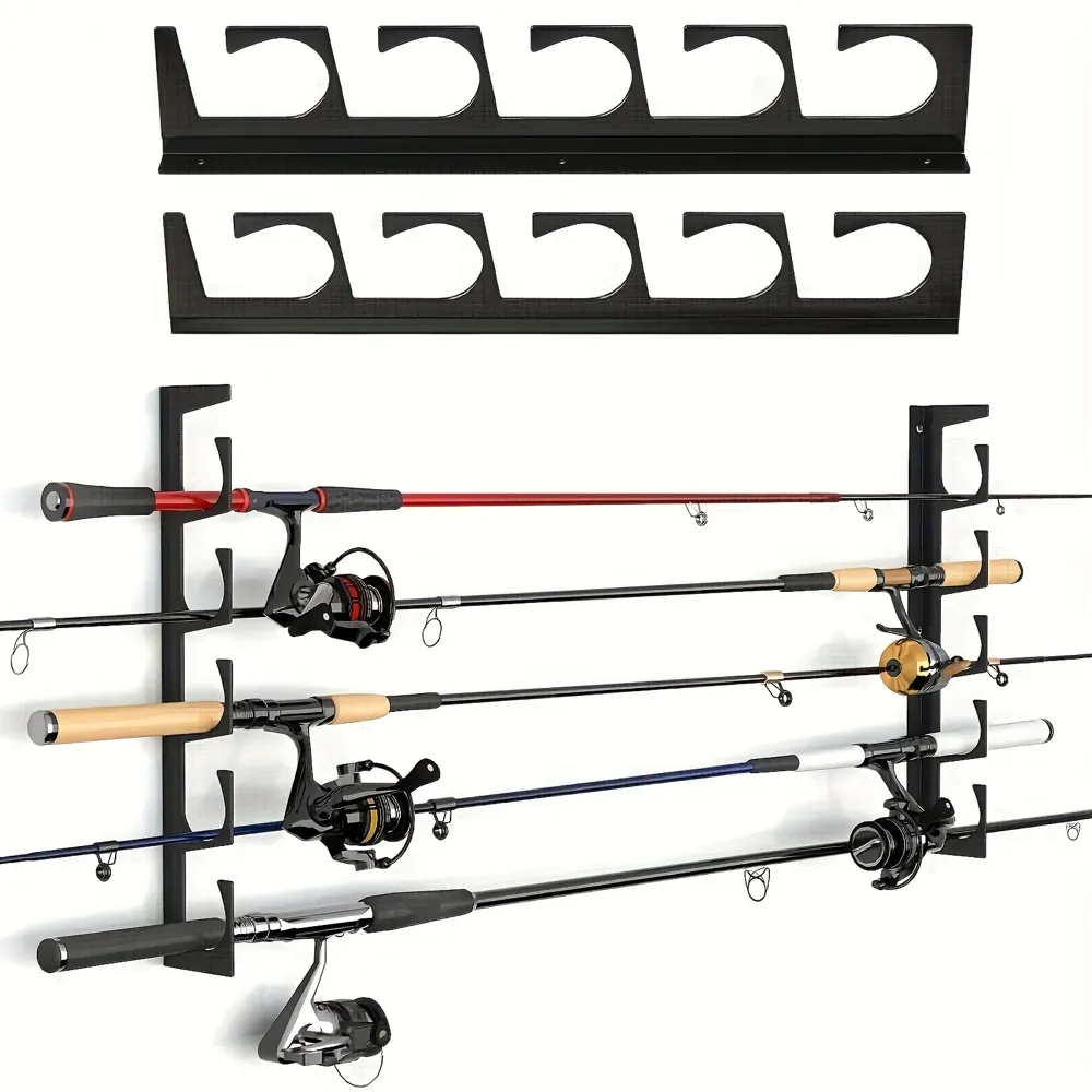 Black steel fishing rod rack holding rods on a garage wall